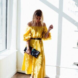 Apiece Apart Sandrine Yellow Off Shoulder Mexican Belted Gauze Midi Dress 4 S